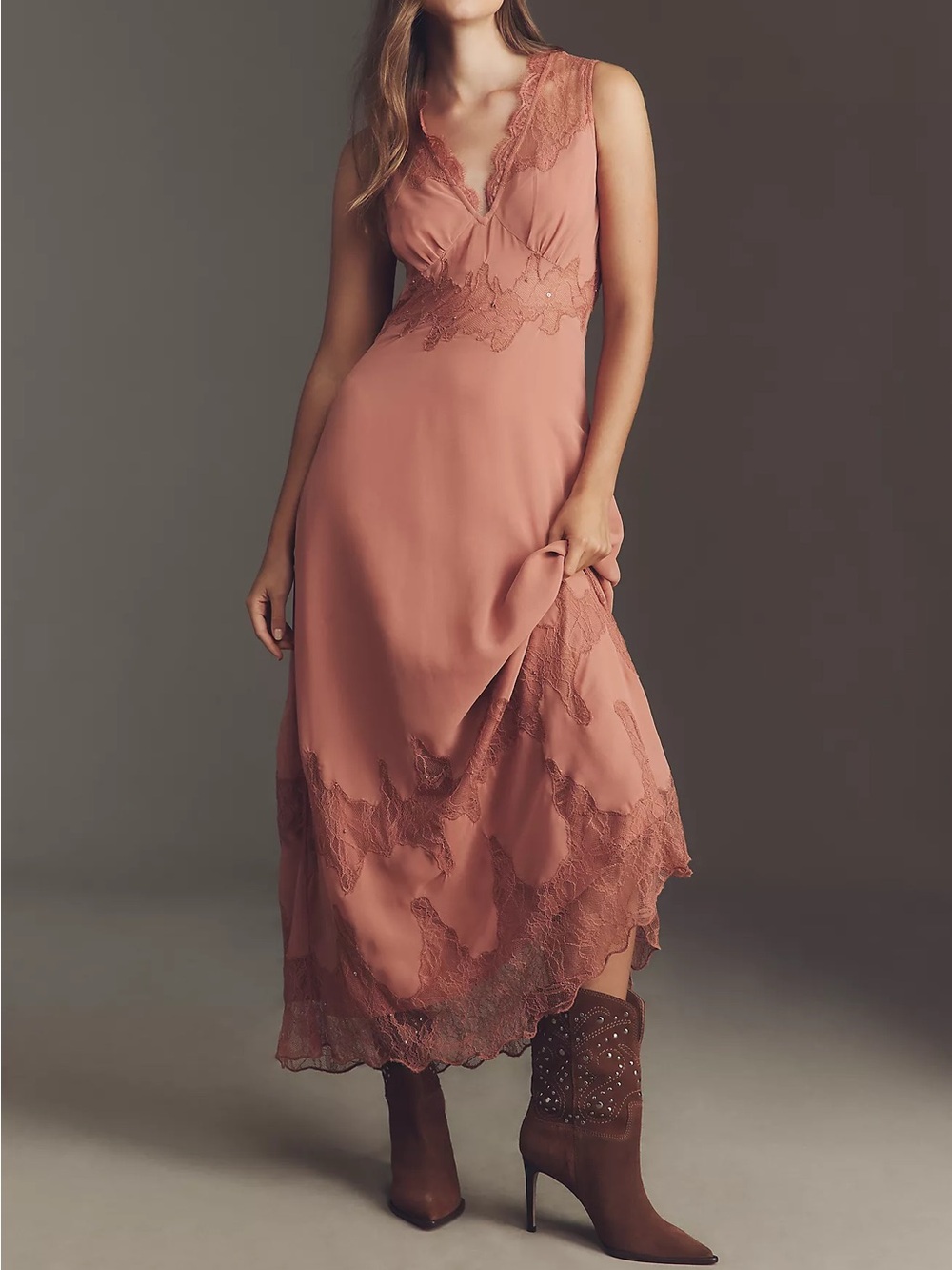 By Anthropologie Elegant V-Neck Lace-Panel Maxi Dress Size M Canyon Rose Pink